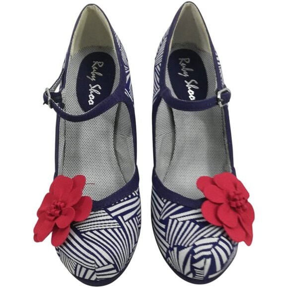 Ruby Shoo Mary Jane Heel Shoes Size EU 38 US 7 Red Flower Retro Geometric - Picture 9 of 12